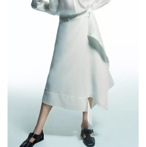 Zara Zw Collection Asymmetric Wrap Linen Blend Ecru Midi Skirt